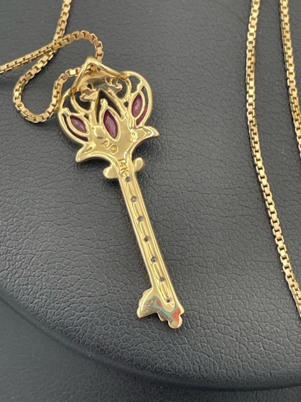 14K Gold Ruby Diamond Key Pendant Necklace 30” Box Chain Authenticated Estate - Picture 3 of 10